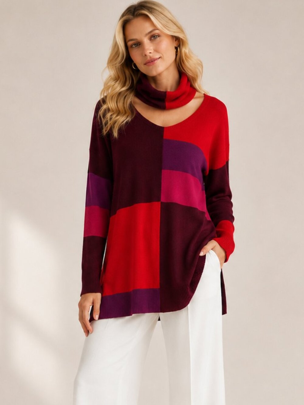 Etcetera Colorblock Red Burgundy Cashmere Blend Pullover Long Sleeve Sweater XS